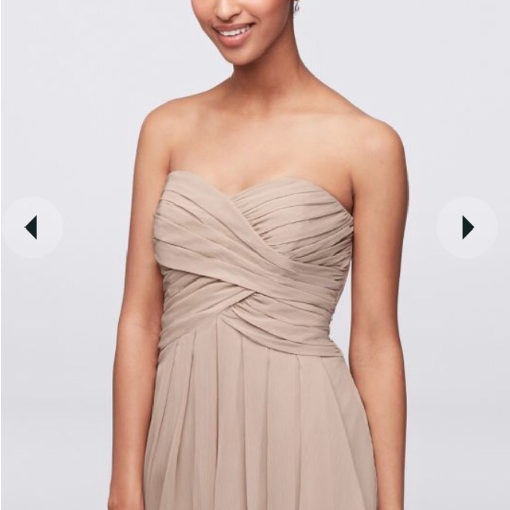 David’s Bridal Strapless Pink Crinkle Chiffon Bridesmaid Dress with Cascade - Picture 4 of 9